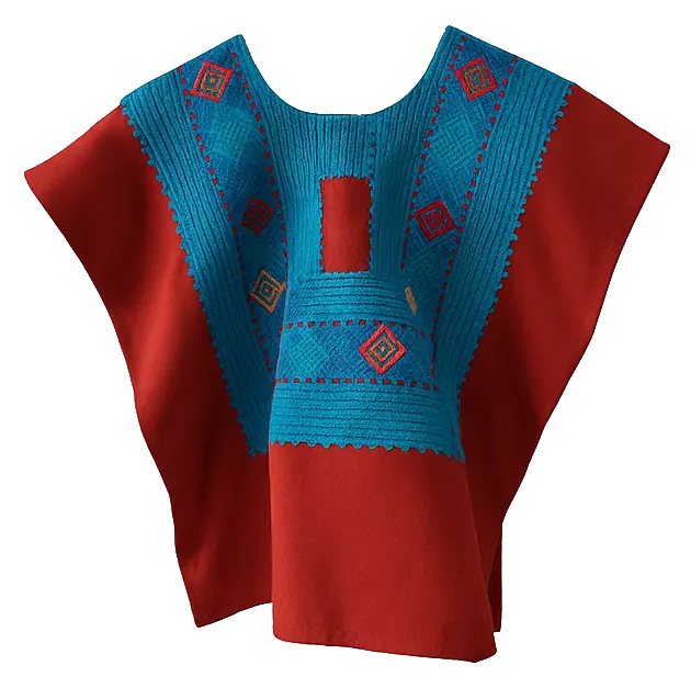 Huipil rojo con cadenilla azul elaborado a mano